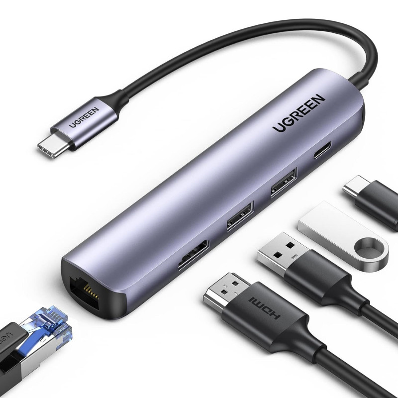 Докинг станция 5в1 UGREEN CM418, PD 100W, USB-C към 1xUSB-C(PD)/2xUSB-A/1xHDMI/RJ45, 4K@30fps, Сив