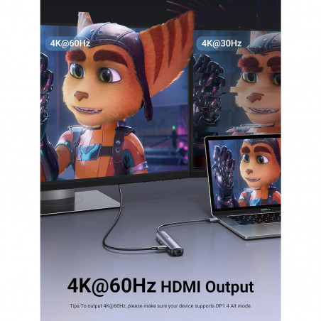 Докинг станция 5в1 UGREEN CM418, PD 100W, USB-C към 1xUSB-C(PD)/2xUSB-A/1xHDMI/RJ45, 4K@30fps, Сив