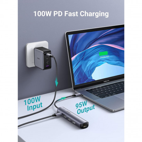 Докинг станция 5в1 UGREEN CM418, PD 100W, USB-C към 1xUSB-C(PD)/2xUSB-A/1xHDMI/RJ45, 4K@30fps, Сив