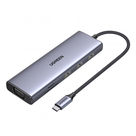 Докинг станция 9в1 UGREEN CM498, PD 100W, USB-C към 1xUSB-C(PD)/3xUSB-A/HDMI/VGA/RJ45/SD, 4K@30fps, Сив