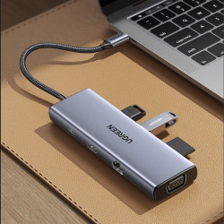 Докинг станция 9в1 UGREEN CM498, PD 100W, USB-C към 1xUSB-C(PD)/3xUSB-A/HDMI/VGA/RJ45/SD, 4K@30fps, Сив