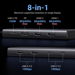 Докинг станция 8в1 UGREEN CM639, PD 100W, USB-C към 1xUSB-C(PD)/2x USB-C/2xUSB-A/2xHDMI/DP, 4K@60fps, Сив