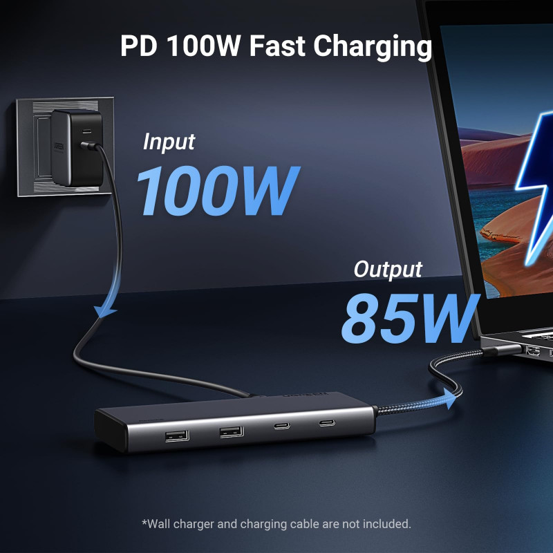 Докинг станция 8в1 UGREEN CM639, PD 100W, USB-C към 1xUSB-C(PD)/2x USB-C/2xUSB-A/2xHDMI/DP, 4K@60fps, Сив