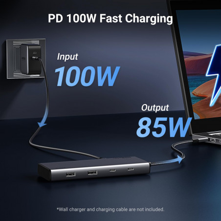 Докинг станция 8в1 UGREEN CM639, PD 100W, USB-C към 1xUSB-C(PD)/2x USB-C/2xUSB-A/2xHDMI/DP, 4K@60fps, Сив