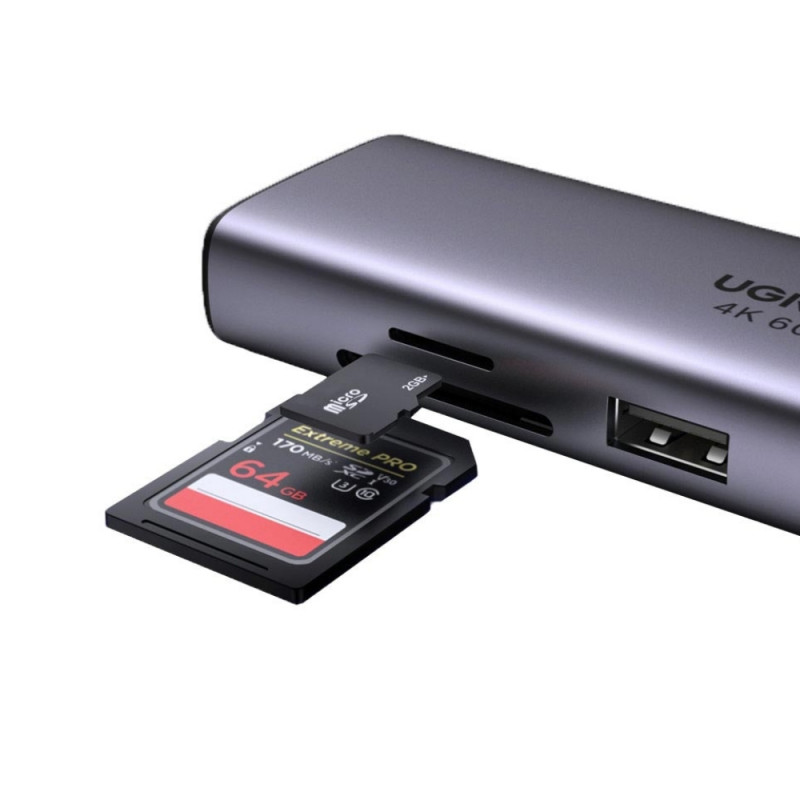 Мултифункционален адаптер 6в1 UGREEN CM512, USB-C, 3x USB-A 3.0, HDMI, RJ45 LAN, USB-C PD, 4K@30Hz, Сив