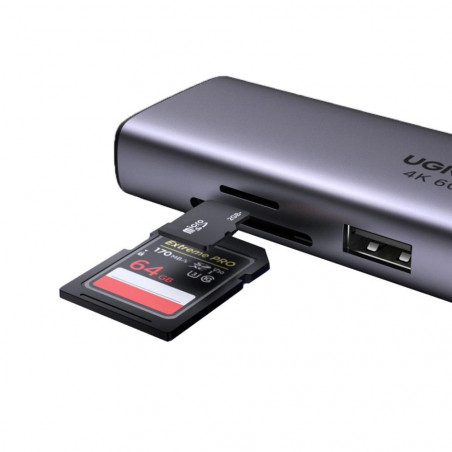 Мултифункционален адаптер 6в1 UGREEN CM512, USB-C, 3x USB-A 3.0, HDMI, RJ45 LAN, USB-C PD, 4K@30Hz, Сив
