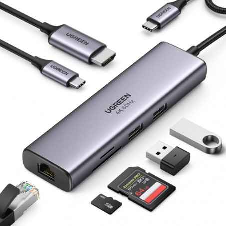 Мултифункционален адаптер 6в1 UGREEN CM512, USB-C, 3x USB-A 3.0, HDMI, RJ45 LAN, USB-C PD, 4K@30Hz, Сив