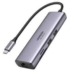 Мултифункционален адаптер 6в1 UGREEN CM512, USB-C, 3x USB-A 3.0, HDMI, RJ45 LAN, USB-C PD, 4K@30Hz, Сив