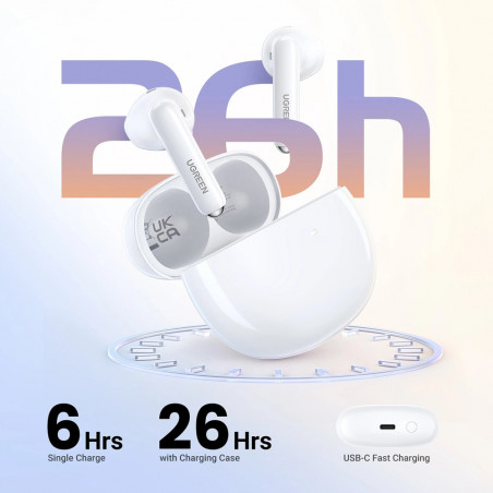 Безжични слушалки UGREEN HiTune H5 TWS WS201, 6 часа, ANC шумоизолация, IPX5, Сензорно управление, BT 5.3, Бял