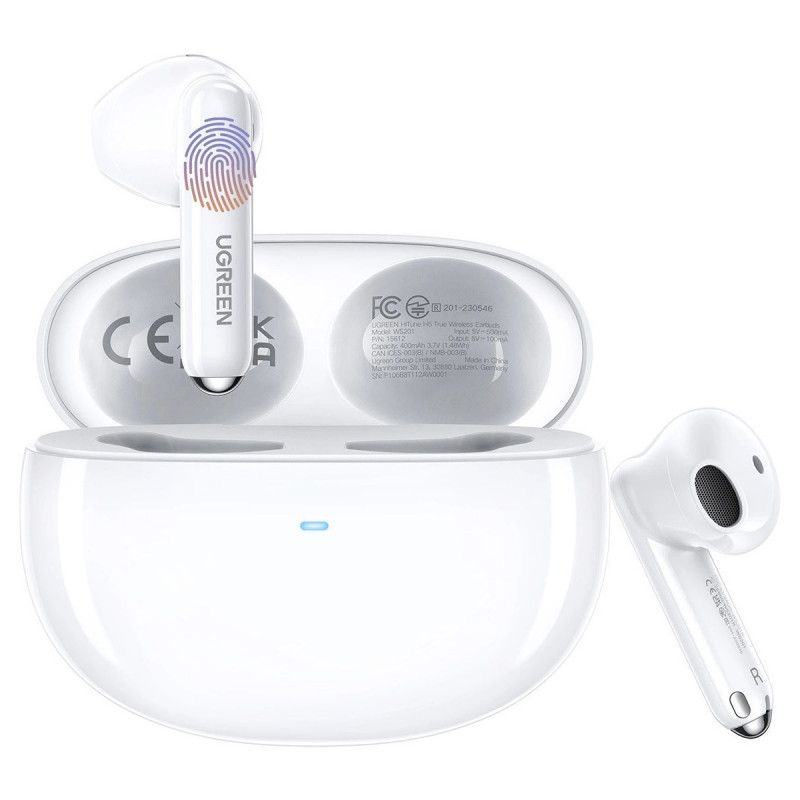 Безжични слушалки UGREEN HiTune H5 TWS WS201, 6 часа, ANC шумоизолация, IPX5, Сензорно управление, BT 5.3, Бял