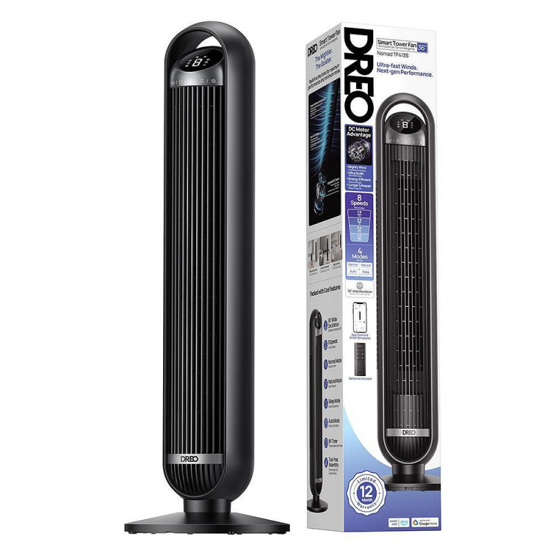 Вентилатор кула Dreo Tower Fan 413S, 35W, 92 см, 1961 м3/ч, 8 скорости, 4 режима, Осцилация, Мобилно приложение, Гласови команди, Черен