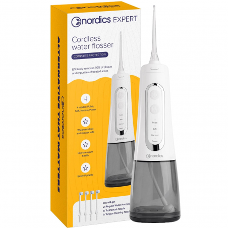 Зъбен душ Nordics Expert ЕА139W, 300 мл, 5 режима, 5 въздушни струи, IPX7, 360° накрайник, USB-C, Бял