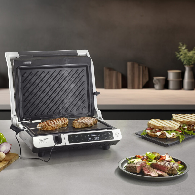 Електрическа скара 3в1 Caso Germany SteakMaster Pro, 2000W, 34х24 см, 80-240°C, Керамично покритие, Таймер, Сензорно управление, Инокс/черен
