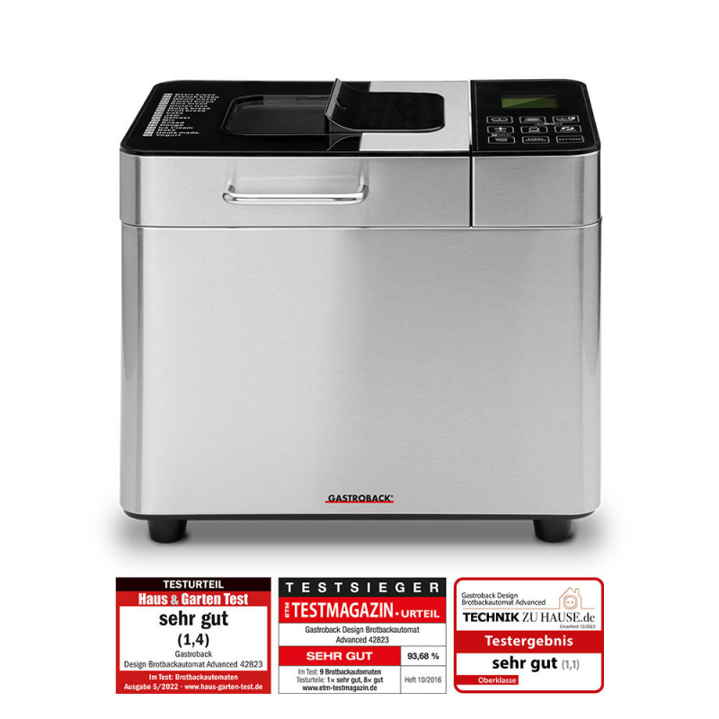 Хлебопекарна Gastroback Advanced 42823, 500W, 500-750-1000 гр, 18 програми, Керамичен съд без PFOA и PTFE, 7 вида хляб, Функция за сладолед, Инокс/черен