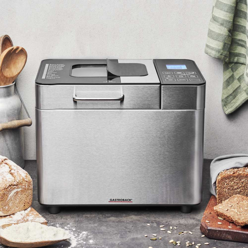 Хлебопекарна Gastroback Advanced 42823, 500W, 500-750-1000 гр, 18 програми, Керамичен съд без PFOA и PTFE, 7 вида хляб, Функция за сладолед, Инокс/черен