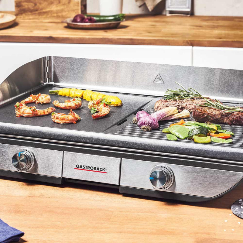 Електрически грил с подвижни плочи Gastroback Advanced Pro 42523, 2300W, 50х30 см, 90-240°C, Гладка/оребрена, Незалепваща, Тава за мазнина, Черен/инокс