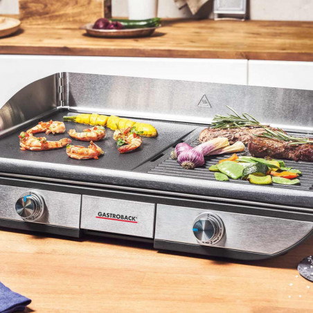 Електрически грил с подвижни плочи Gastroback Advanced Pro 42523, 2300W, 50х30 см, 90-240°C, Гладка/оребрена, Незалепваща, Тава за мазнина, Черен/инокс