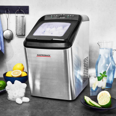 Ледогенератор Gastroback Bartender Pro 41143, 145W, 15 кг/24 ч, 2.8 л, 2 размера, R600a, LED, Без CFC, Инокс/черен