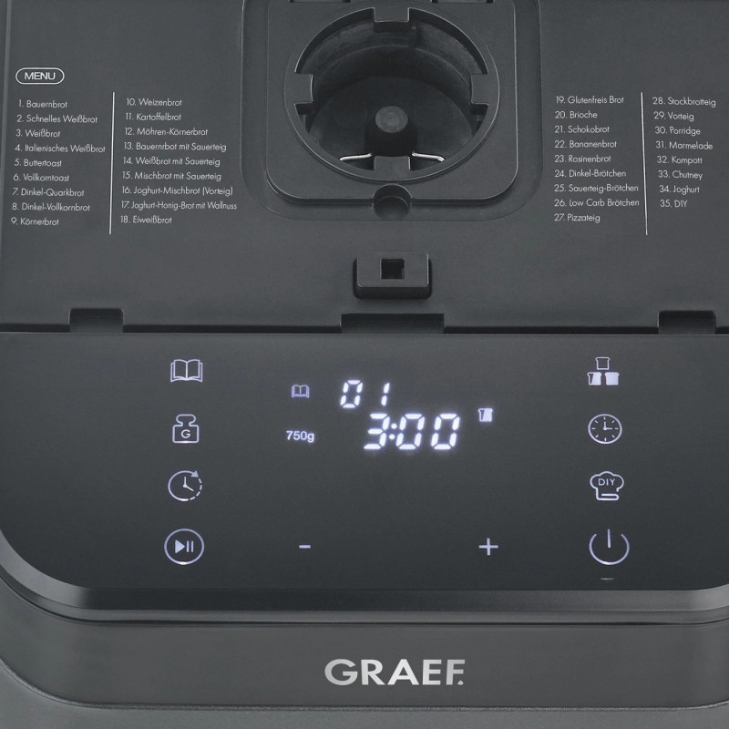 Хлебопекарна Graef BA806, 520W, 500-750 гр, 36 програми, Незалепващо покритие, 3 степени, Таймер с отложен старт, Черен