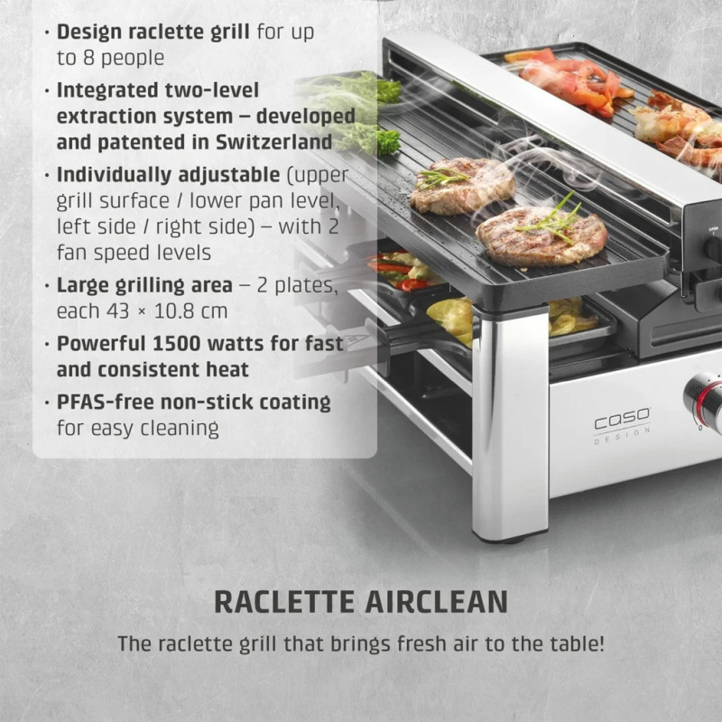 Раклет грил CASO Design Raclette AirClean, 1500W, Керамични плочи, Система за по-малко миризми и дим, Филтър, Инокс