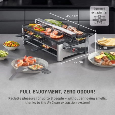 Раклет грил CASO Design Raclette AirClean, 1500W, Керамични плочи, Система за по-малко миризми и дим, Филтър, Инокс