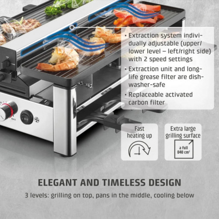Раклет грил CASO Design Raclette AirClean, 1500W, Керамични плочи, Система за по-малко миризми и дим, Филтър, Инокс