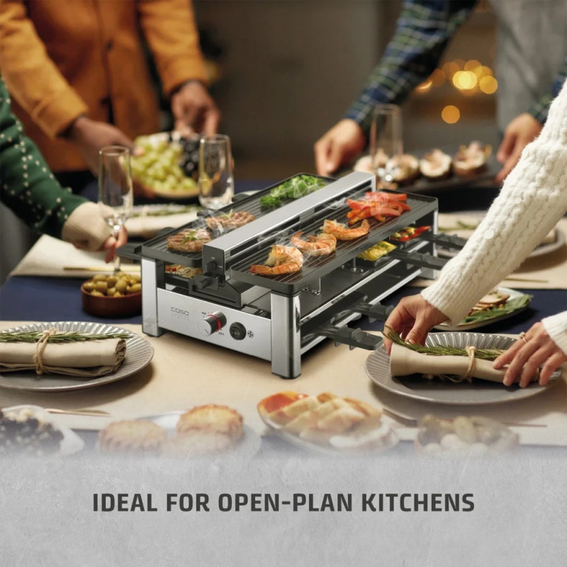 Раклет грил CASO Design Raclette AirClean, 1500W, Керамични плочи, Система за по-малко миризми и дим, Филтър, Инокс