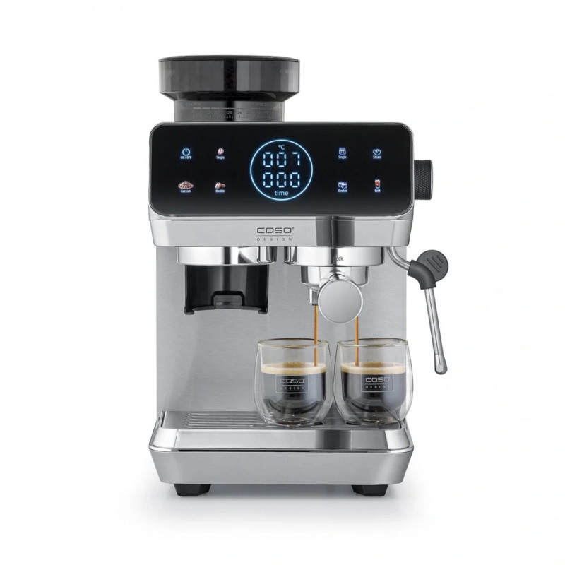 Еспресо машина Caso EspressoGourmet&Grind, 1500W, 20 bar, 1.8 л, Ulka, Pre-infusion, Cold Brew Сензорно управление, Мелачка, Портафилтър, Инокс