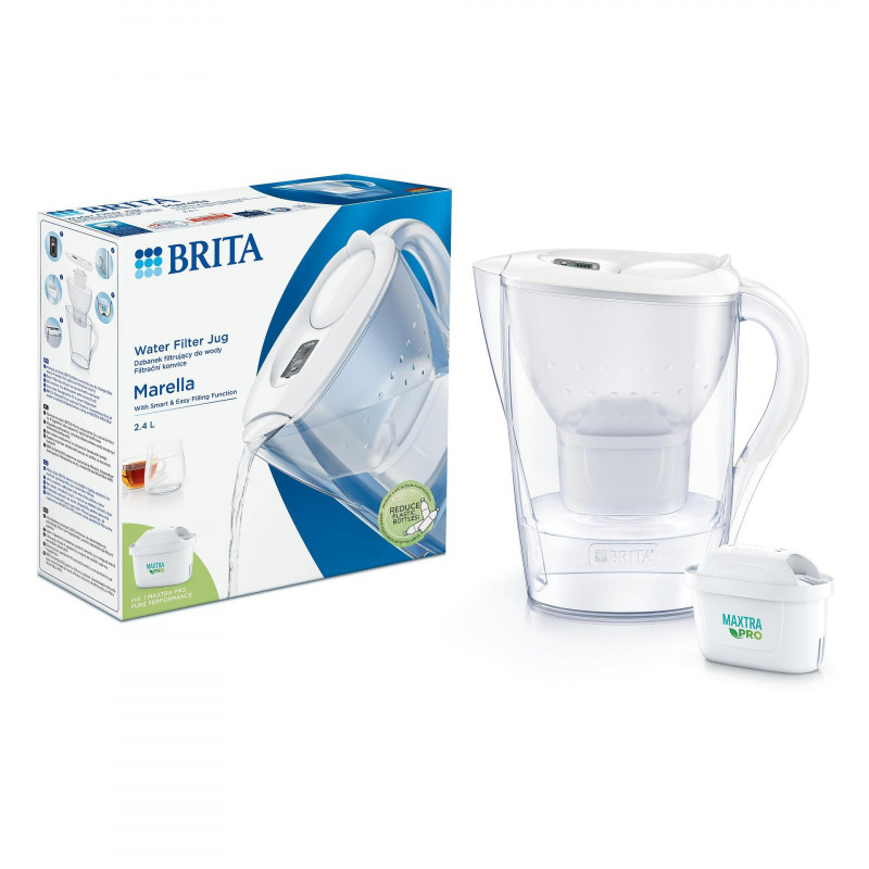 Кана за филтриране на вода Brita Marella Cool Memo, 2.4 л, Memo електронен индикатор, Филтър Maxtra Pro, Без BPA, Бял