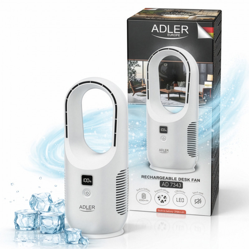 Настолен вентилатор Adler AD 7343, До 6 часа, 3 скорости, LED дисплей, USB-C, Бял