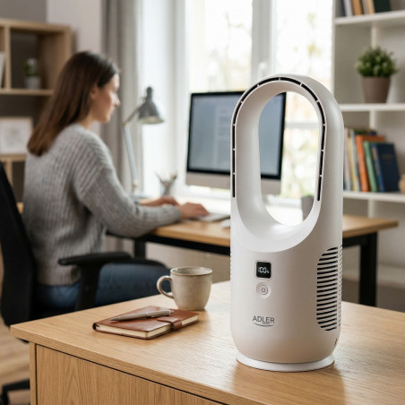 Настолен вентилатор Adler AD 7343, До 6 часа, 3 скорости, LED дисплей, USB-C, Бял