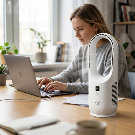 Настолен вентилатор Adler AD 7343, До 6 часа, 3 скорости, LED дисплей, USB-C, Бял