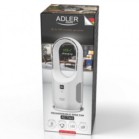 Настолен вентилатор Adler AD 7343, До 6 часа, 3 скорости, LED дисплей, USB-C, Бял