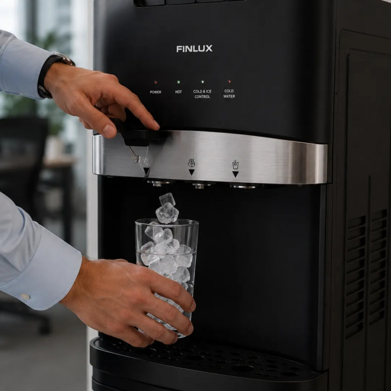 Диспенсър за вода с ледогенератор Finlux FWD-2602IM, 520W, 12-95°C, Охлаждане 4 л/ч, Затопляне 5 л/ч, Компресорен, Черен/сребрист