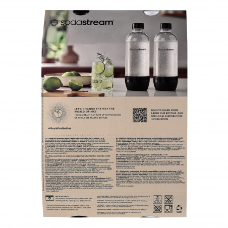 Комплект бутилки за газиране SodaStream Jet, 1 л, 2 бр, Без BPA, Подходящи за съдомиялна машина, Черен