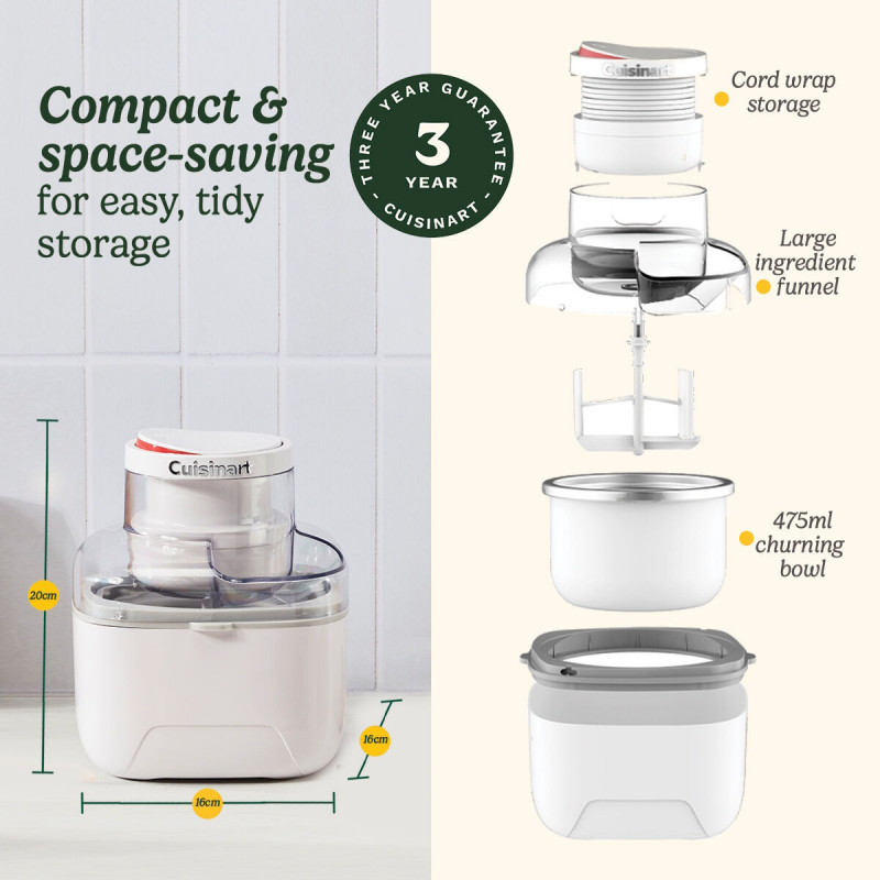 Машина за сладолед Cuisinart Solo Scoops ICEM10E, 25W, 475 мл, До 8 топки сладолед, Бял