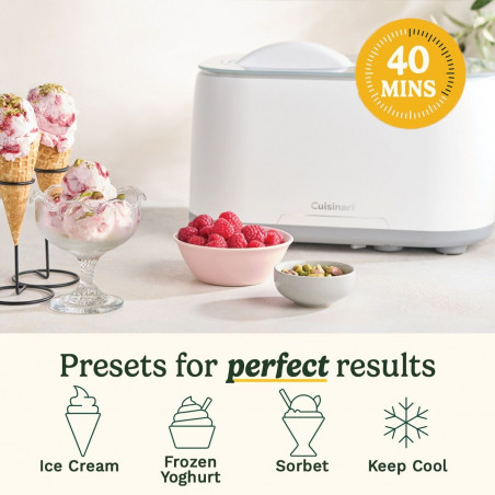 Машина за сладолед Cuisinart Freeze Ease ICE90E, 100W, 0.95 л, 3 програми, Компресор, Бял/сив