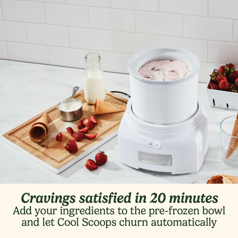 Машина за сладолед Cuisinart Cool Scoops ICE21E, 35W, 1.4 л, До 20 топки сладолед, Прозрачен капак с лесно заключване, Бял