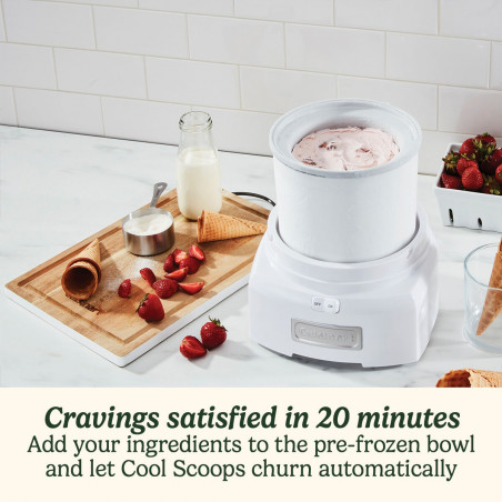 Машина за сладолед Cuisinart Cool Scoops ICE21E, 35W, 1.4 л, До 20 топки сладолед, Прозрачен капак с лесно заключване, Бял