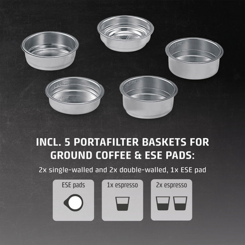 Еспресо машина Caso Gourmet Latte, 1350W, 20 bar, 1.3 л, ULKA, 6 програми, Предварително запарване, Портафилтър, ESE, Инокс