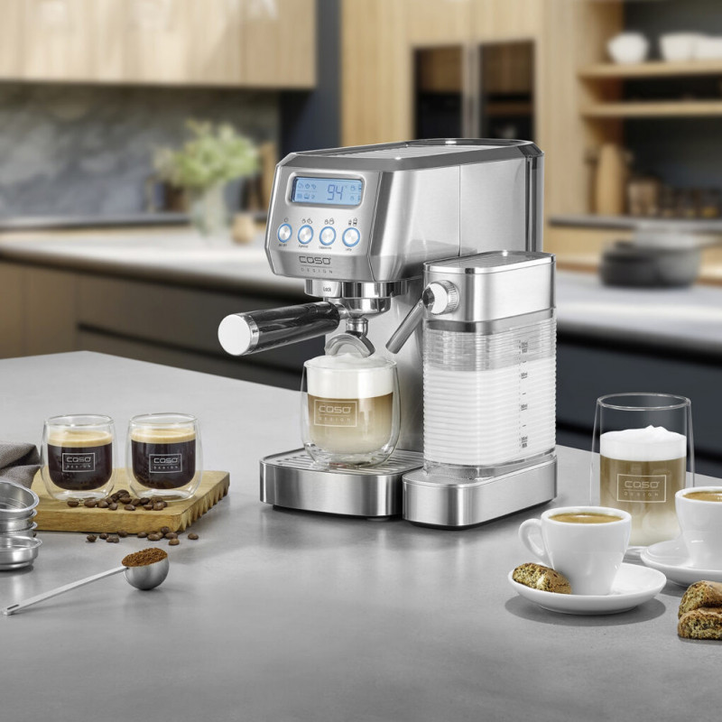 Еспресо машина Caso Gourmet Latte, 1350W, 20 bar, 1.3 л, ULKA, 6 програми, Предварително запарване, Портафилтър, ESE, Инокс