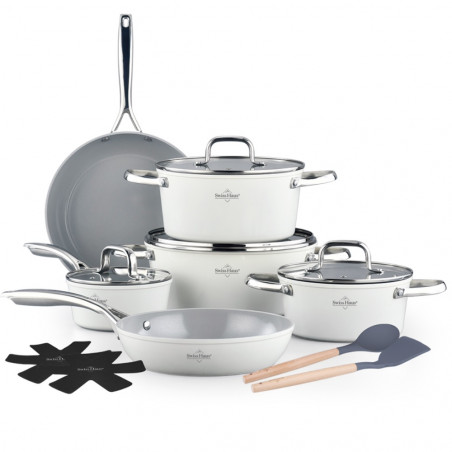 Комплект съдове за готвене Swiss Haus SH-CC4014CR, 14 ч, Sapphire-керамично, Индукция, Фурна до 220°C, Без PFAS, Кремав гланц