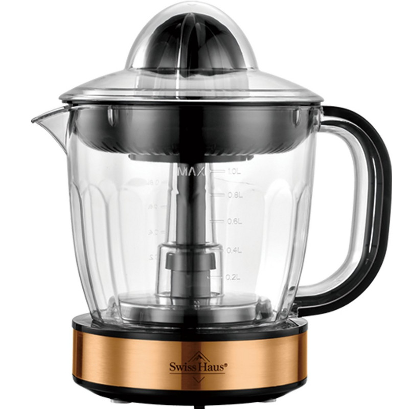 Електрическа цитрус преса Swiss Haus SH-CJ2140, 40W, 1 л, Филтър, Двупосочно завъртане, Без BPA, Меден/черен