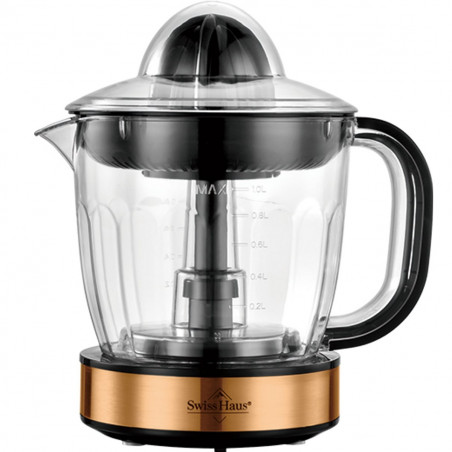 Електрическа цитрус преса Swiss Haus SH-CJ2140, 40W, 1 л, Филтър, Двупосочно завъртане, Без BPA, Меден/черен