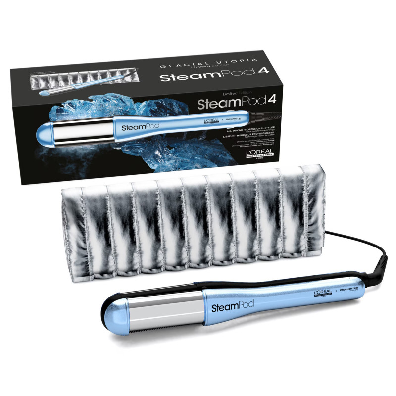 Преса за коса L'Oreal Professionnel SteamPod 4.0 Glacial Utopia, 165W, 0.8 г/мин, Вграден воден резервоар, Въртящ се кабел, До 210C, Син/Бял