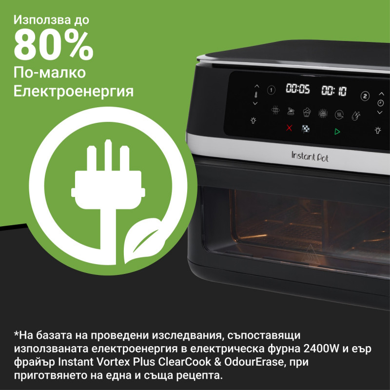 Двоен фритюрник с горещ въздух 8в1 Instant Pot Vortex VersaZone XL ClearCook 140-3025-01-EU, 2800W, 12 л, 205°C, EvenCrisp, Синхронизирано приключване на програмите, Сензорно управление, Черен/Инокс