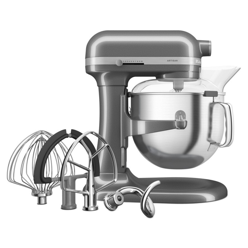 Планетарен миксер KitchenAid Artisan 5KSM70SHXEMS Medallion silver, 375 W, 6.6 л, 11 скорости, 67 точки на допир, Повдигане на купата, Специална скорост Fold, Flex Edge, Сив металик