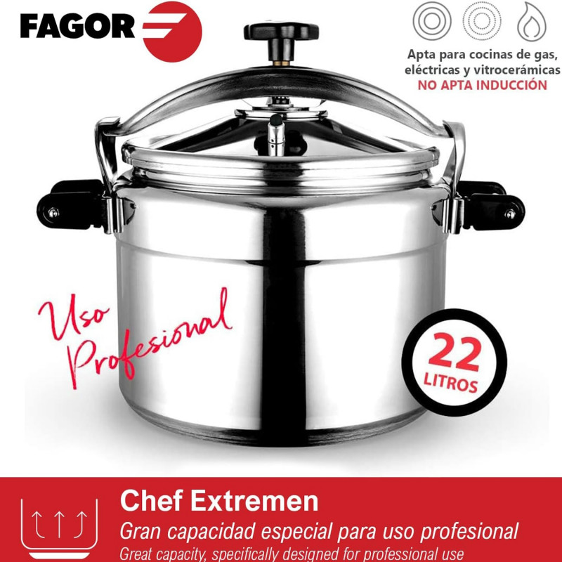 Втора ръка: Тенджера под налягане Fagor Chef Extremen 100602653, 15 л, 30 см, 50 kPa, 3 системи за безопасност, Алуминий, Сребрист