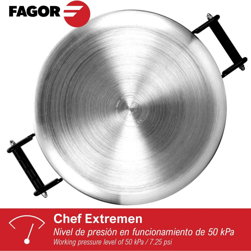 Втора ръка: Тенджера под налягане Fagor Chef Extremen 100602653, 15 л, 30 см, 50 kPa, 3 системи за безопасност, Алуминий, Сребрист