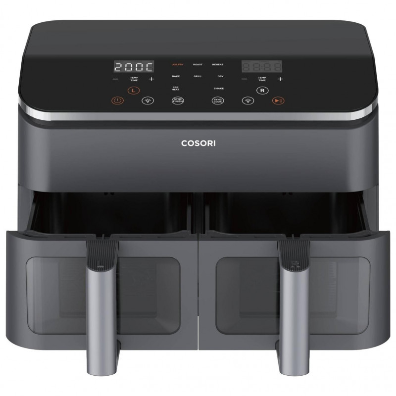 Втора ръка: Двоен фритюрник с горещ въздух Cosori Dual Basket CAF-R901-AEU, 1750 W, 8.5 л, 8 програми, Таймер, Touch screen, Черен